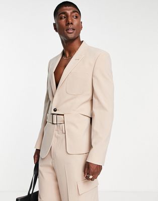 ASOS DESIGN slim cut out suit jacket in stone-Neutral
