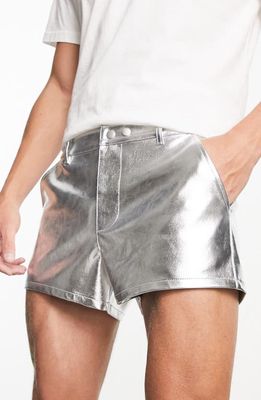 ASOS DESIGN Slim Fit Metallic Faux Leather Shorts in Silver