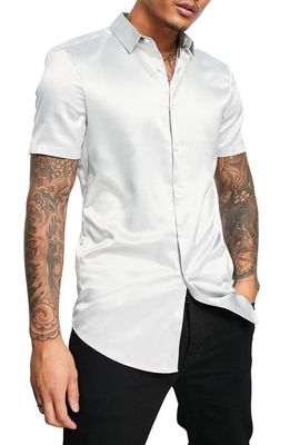 ASOS DESIGN Slim Fit Satin Short Sleeve Button-Up Shirt in Light Grey
