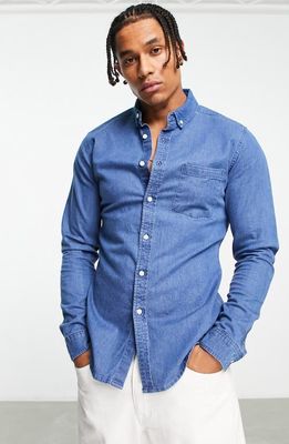 ASOS DESIGN Slim Fit Stretch Denim Button-Down Shirt in Mid Blue