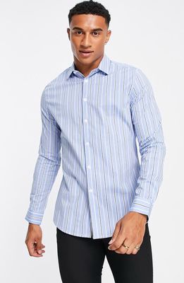 ASOS DESIGN Slim Fit Stripe Stretch Poplin Button-Up Shirt in Mid Blue