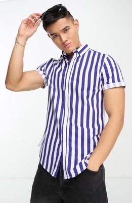 ASOS DESIGN Slim Fit Stripe Stretch Short Sleeve Button-Up Shirt in Navy