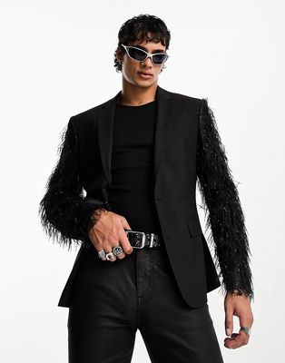 ASOS DESIGN slim fringed sleeve blazer in black