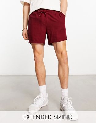 ASOS DESIGN slim linen shorts in shorter length in burgundy-Red