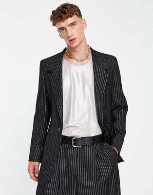ASOS DESIGN slim longline suit jacket in black with gold pinstripe
