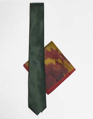 ASOS DESIGN slim tie and pocket square in dark green abstract floral