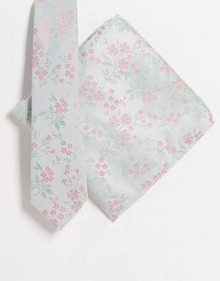 ASOS DESIGN slim tie and pocket square with ditsy floral design in sage and pink - LGREEN