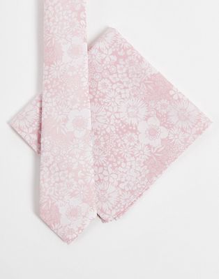 ASOS DESIGN slim tie and pocket square with floral design in pink - LPINK