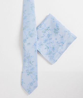 ASOS DESIGN slim tie in baby blue floral with pocket square