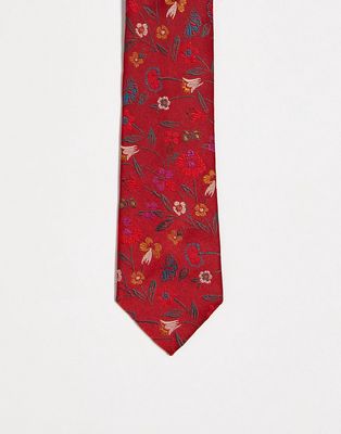 ASOS DESIGN slim tie in burgundy floral-Red