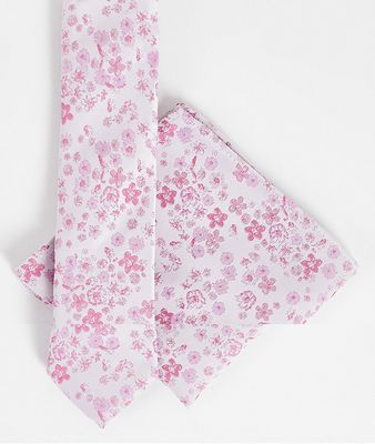 ASOS DESIGN slim tie in pink ditsy floral with pocket square