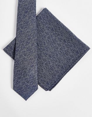ASOS DESIGN slim tie in with texture and matching pocket square in navy