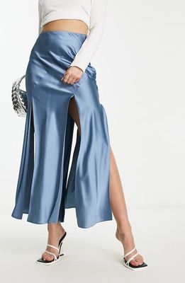 ASOS DESIGN Slit Satin Maxi Skirt in Medium Blue