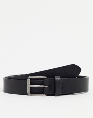 ASOS DESIGN smart belt in black faux leather with roller buckle in gunmetal
