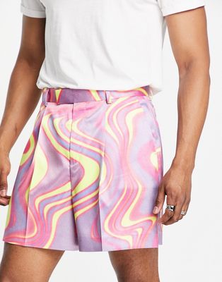 ASOS DESIGN smart cropped bermuda shorts in blue and yellow swirl print - part of a set-Neutral