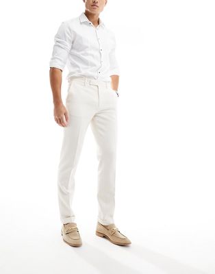 ASOS DESIGN smart slim fit textured pants in ecru-Neutral