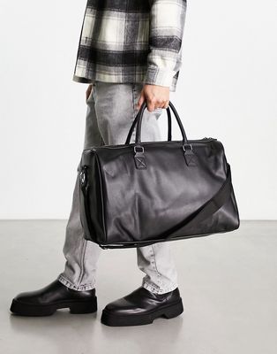 ASOS DESIGN smart weekend holdall bag in black faux leather with branded emboss