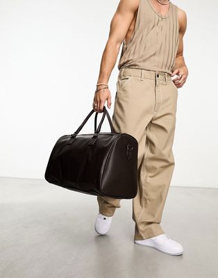 ASOS DESIGN smart weekend holdall bag in brown faux saffiano leather with branded emboss