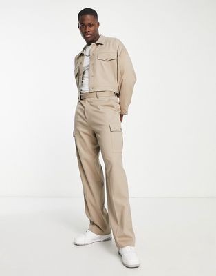 ASOS DESIGN smart wide leg cargo pants in stone twill - part of a set-Neutral
