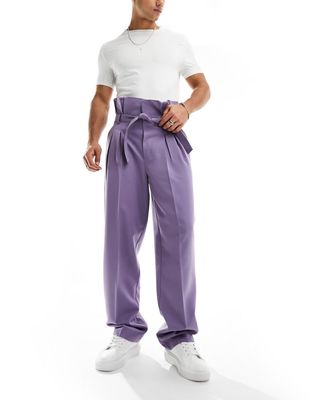ASOS DESIGN smart wide leg paperbag pants in lilac-Purple