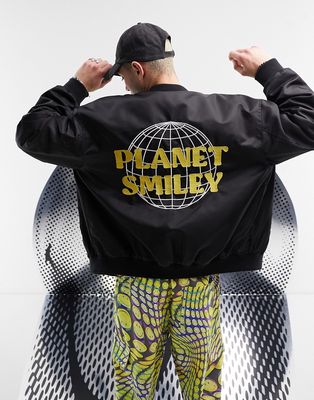 ASOS DESIGN Smiley Collab black bomber jacket with planet embroidery
