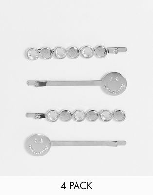 ASOS DESIGN Smiley Collab pack of 4 hair clips in silver tone