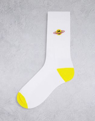 ASOS DESIGN smiley planet embroidered sports socks in white