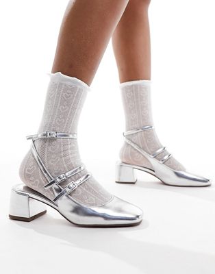ASOS DESIGN Soccer mid heeled mary jane shoes in silver