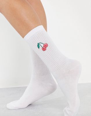 ASOS DESIGN socks with frill and cherry embroidery in white - WHITE