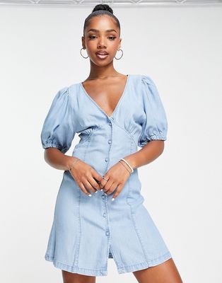 ASOS DESIGN soft denim seamed mini tea dress in blue