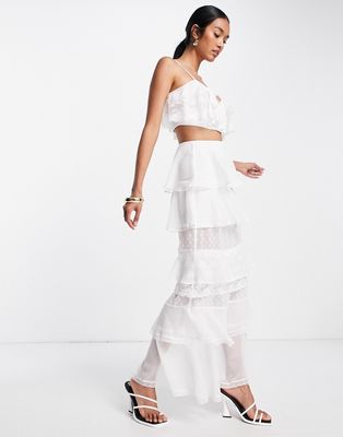 ASOS DESIGN soft layered maxi skirt with lace inserts in ivory - part of a set-White