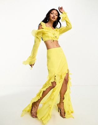 ASOS DESIGN soft ruffle maxi skirt with side slit in yellow - part of a set