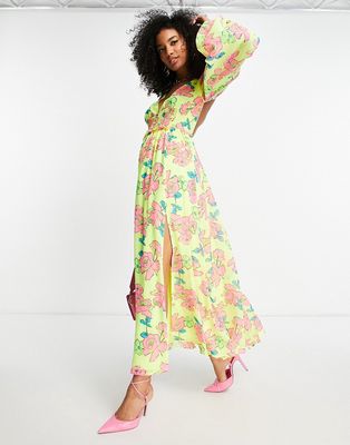 ASOS DESIGN soft shirred waist open back maxi dress in yellow floral-Multi