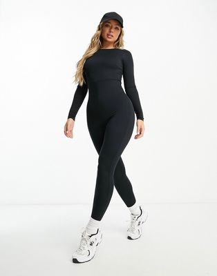 ASOS DESIGN soft touch unitard jumpsuit with long sleeve in black