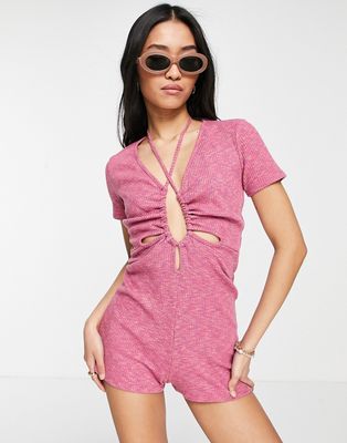 ASOS DESIGN space dye cut out ruched romper in pink
