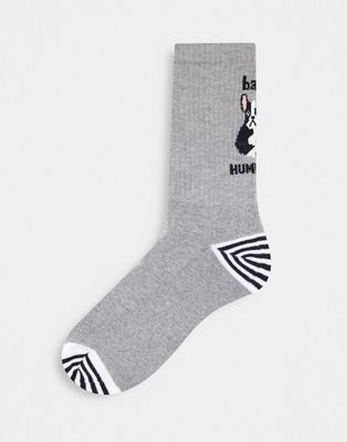 ASOS DESIGN sports sock with french bulldog bah humbug design-Grey