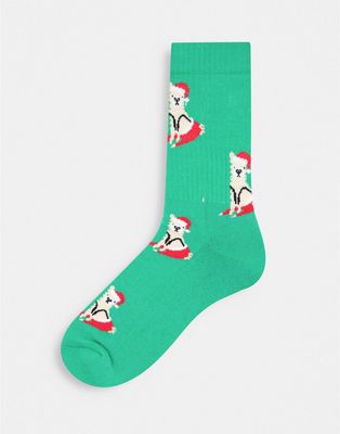 ASOS DESIGN sports socks with Christmas llama print-Green