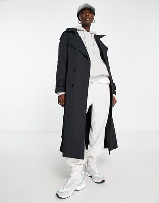 ASOS DESIGN sporty trench coat with hood with a detachable hood in black-Neutral