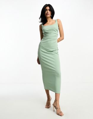 ASOS DESIGN square neck cami midi dress with ruched drape detail in sage-Green