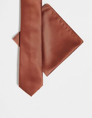 ASOS DESIGN standard tie and pocket square in light brown