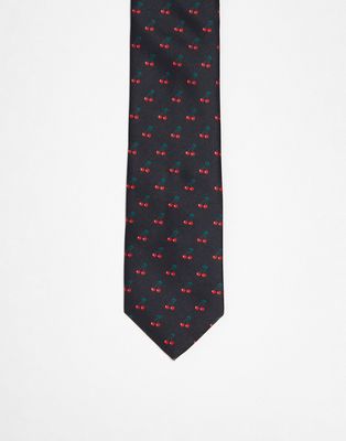 ASOS DESIGN standard tie with cherry print in black