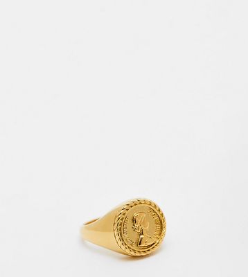 ASOS DESIGN sterling silver pinky signet ring with coin design in 14k gold plate