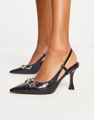 ASOS DESIGN Stockholm snaffle detail mid heel shoes in black croc