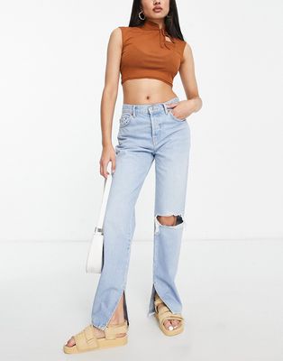 ASOS DESIGN straight jean in light wash with rip and split hem-Blue