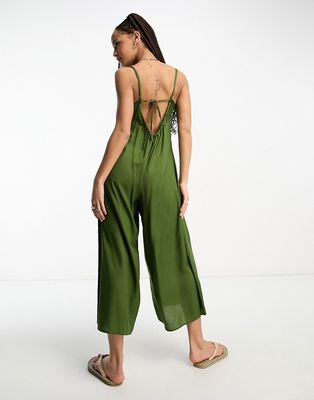 ASOS DESIGN strappy culotte jumpsuit in khaki-Green