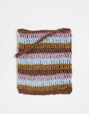 ASOS DESIGN straw cross body bag in purple and beige stripe-Multi