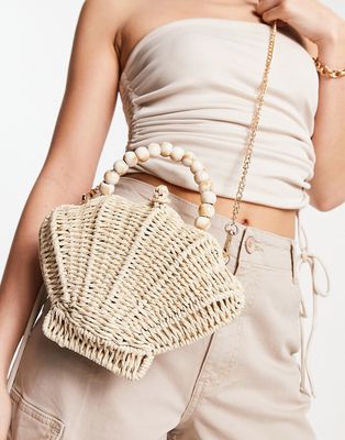 ASOS DESIGN straw shell grab bag with beaded top handle and detachable crossbody strap in natural-Brown