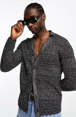 ASOS DESIGN Stripe Metallic Knit Button-Up Shirt in Black