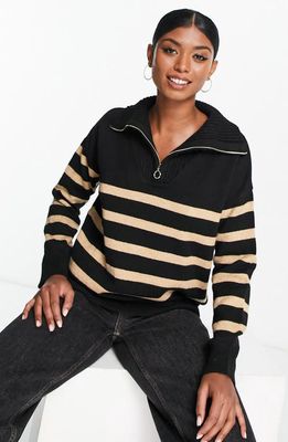 ASOS DESIGN Stripe Quarter Zip Pullover Sweater in Black