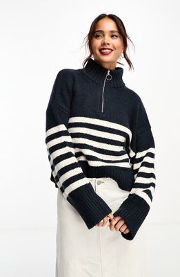 ASOS DESIGN Stripe Quarter Zip Sweater in Navy Multi